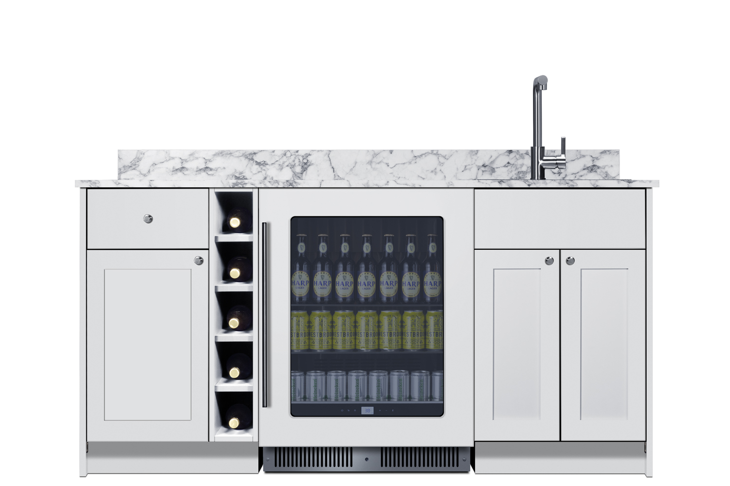Turnkey Oasis Wet Bar featuring pre-assembled cabinetry and countertop with stainless steel sink, glass door beverage center, wine cubby, and storage cabinetry; ships in two boxes on one pallet